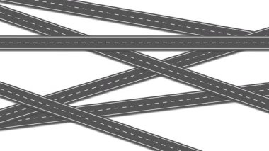 Keskin açılarla kesişen çok şeritli otoyolların animasyonu. Karmaşık altyapıyı temsil eden beyaz arkaplanda temiz, minimal bir biçim.