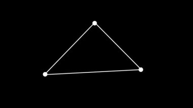 Hareket grafiklerinde ağ bağlantılarını veya geometrik animasyonu temsil eden, siyah arkaplan üzerinde bir üçgen oluşturmak için çizgilerle bağlanmış üç parlayan beyaz nokta.