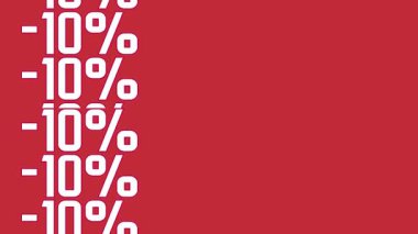 Kalın beyaz -% 10 indirim tabelaları dikey olarak kırmızı arka planda tekrarlanarak göz alıcı bir satış ya da tanıtım animasyonu yaratıyor..