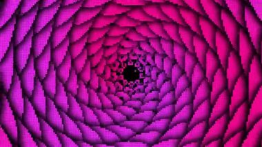 Pikselleştirilmiş pembe ve mor spiral tünel 3 boyutlu derinlik efektiyle, dijital sanat veya gelecekteki animasyonlar için ideal bir hipnotik ve dinamik görsel desen yaratıyor..