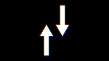 Siyah arkaplan üzerinde RGB hata etkisi gösteren iki beyaz ok, dijital tasarım veya veri transferini temsil ediyor.