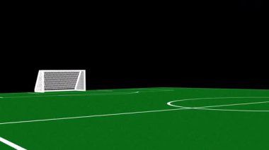 Koyu bir arkaplan altında beyaz kale direği ve alan işaretleri olan boş bir yeşil futbol sahasının geniş açılı görüntüsü, maç veya eğitime hazır..