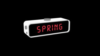 Siyah ekranda kırmızı LED basamaklarda gösterilen ve mevsimsel değişimi ve gün ışığı tasarrufu süresini simgeleyen küçük dijital alarm saati..