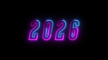 2026 yılını oluşturan parlak neon parmaklar koyu bir arka planda parlayan mor ve mavi eğimli ışık. Yeni yıl görselleri ve dijital temalar için gelecekçi stil.