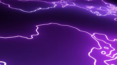 Kamera yavaşça dünyanın parıldayan neon haritasından uzaklaşır, karanlık bir arkaplanda parlak mor bir ışıkla detaylı sınırları gösterir..