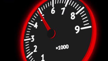 Kırmızı çizgili dinamik bir takometre göstergesi, 5000 RPM yakınındaki iğne, hız, güç veya araç ivmesini temsil ediyor..