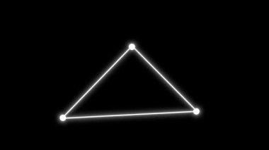 Siyah zemin üzerinde üç noktayı birleştiren beyaz neon çizgilerle parlayan üçgen geometrik şekil ve dijital tasarım elementini temsil ediyor.