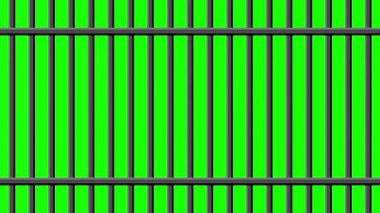 Hapis, kısıtlama veya hapsetme kavramını temsil eden krom anahtar unsur olarak kullanılan canlı yeşil arka planlı stilize siyah hapishane parmaklıkları