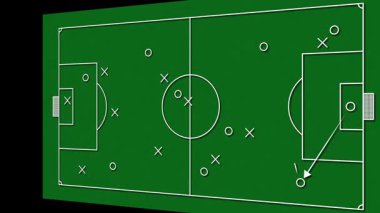 Oyuncu oluşumlarını gösteren animasyon futbol taktiği tahtası ve yeşil alan arka planına saldırı içeren bir ok strateji planlamasını temsil ediyor