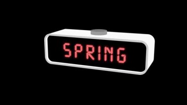 Siyah zemin üzerinde kırmızı LED metin içeren animasyon dijital alarm saati. Mevsim değişikliğini, gün ışığı tasarrufu süresini veya modern mevsimsel konsepti temsil ediyor.