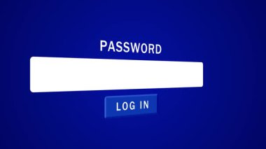 İnternet güvenliğini, giriş ekranını, hesap erişimini veya dijital kimlik doğrulamasını temsil eden canlı mavi arkaplan üzerindeki giriş tuşu ile parola girdi formu canlandırması