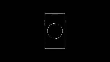Merkezinde dairesel yükleme simgesi olan akıllı bir telefonun minimalist animasyonu. Basit siyah-beyaz tasarım, yükleme, tamponlama, senkronizasyon veya işleme temsil eder