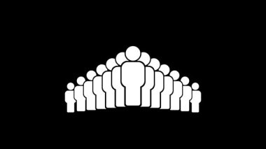 Önünde daha büyük merkezi bir figür bulunan bir piramit biçiminde düzenlenmiş bir grup stilize edilmiş insanı tasvir eden minimalist bir animasyon. Bu görsel liderlik, hiyerarşi, takım çalışması veya sosyal
