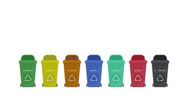 Farklı atık tipleri için yedi renk kodlu geri dönüşüm kutusunun animasyonu: organik, kağıt, plastik, metal, cam, karıştırılmış ve e-atık. Minimalist tasarım çevre bilinci ve atıkları vurguluyor