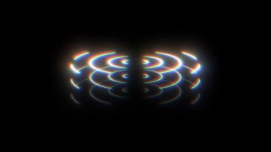 Siyah arkaplan üzerinde yayılan RGB arızalı neon ışık halkalarının soyut animasyonu, teknolojik görseller, müzik videoları veya bilim kurgu kullanıcı arayüzleri için ideal.