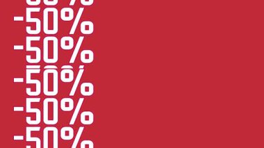 Canlı yinelenen beyaz -50 indirim tabelaları dikey olarak parlak kırmızı arka planda, mevsimsel satışlar, alışveriş kampanyaları veya tanıtım içeriği için ideal.