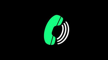 Siyah zemin üzerinde beyaz sinyal çizgileri olan animasyon yeşil telefon alıcısı, UI tasarımında gelen bir aramayı, iletişimi veya iletişim eylemini simgeliyor.