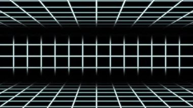 Siyah arkaplan üzerine 3D perspektifte parlayan neon ızgaralar, teknoloji temaları, geçmişe dönük görseller, dijital arayüzler ve bilim kurgu kavramları için idealdir.