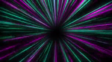 Soyut bilim kurgu hareket arkaplanı parlak yeşil ve mor neon ışınların kaybolan bir noktadan uzanıp yüksek hızlı bir tünel etkisi yarattığını gösteriyor..