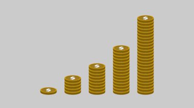 Yığılan paralar, gelir artışını, kar artışını veya minimalist izometrik tarzda mali başarıyı simgeleyen gri arka planda kademeli olarak yükselir..