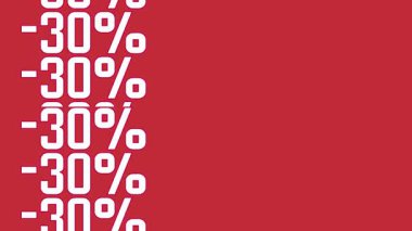 Kırmızı arka planda tekrarlanan -30 'luk dikey simgelerin animasyon modeli, satış reklamları ve reklam medyası için ideal.