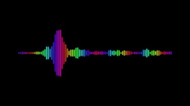 Animasyon gökkuşağı renkli ses dalgası siyah bir arkaplanda hareket ediyor. Müzik görselleri, ses spektrumu gösterimleri, podcastler veya elektronik medya temaları için harika.