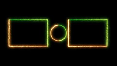 Aralarında daire olan iki parlak dikdörtgenin animasyonu, hepsi siyah bir arkaplanda elektrik ışığıyla özetlenmiş, bağlantıyı ya da dijital arayüzü sembolize ediyor