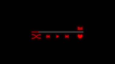Parlak kırmızı tuşlar ile minimum neon-stil müzik arayüzü, karıştırma, geri, oynat, ileri, ses ve siyah zemin üzerinde favori kalp. Kullanıcı Arayüzü veya ortam tasarımı için mükemmel.