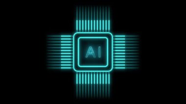 Üzerinde mavi neon çizgileri ve dört yönde uzanan devre çizgileri olan fütüristik parlak yapay zeka mikroçipi. Yapay zeka veya teknoloji temaları için yüksek teknoloji animasyonu.