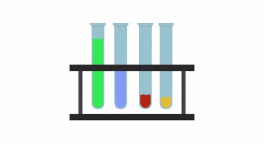 Yeşil, mavi, kırmızı ve sarı sıvılarla dolu dört laboratuvar test tüpünün basit bir animasyonu, kimyayı, bilim deneylerini veya laboratuvar testlerini sembolize eder..