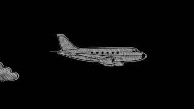 El çizimi bir yolcu uçağının siyah arkaplandaki bulanık bulutların arasında uçuşu. Kalem çizim tarzında seyahat, yolculuk ve havacılık kavramı.