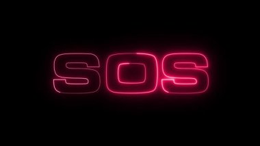 Siyah zemin üzerinde parlayan parlak kırmızı neon SOS işareti, modern dijital tarzda acil durum uyarısını ya da imdat sinyalini temsil eder..