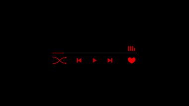 Siyah arkaplanda minimalist müzik çalar arayüzü, kırmızı çalma tuşları, karıştırma, ilerleme çubuğu ve kalp simgesi. Basit dijital tasarım kavramı.