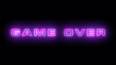 Canlı neon oyun bitti tabelası siyah arkaplanda. Oyunla ilgili projelerde retro oyun tanıtımları, atari temalı içerik veya video geçişleri için ideal.