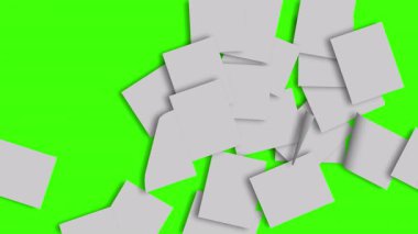 Beyaz boş kağıt sayfaları kaotik bir şekilde yeşil bir zeminde düşüyor ve uçuyor, hareket ve düzensizlik hissi yaratıyor.