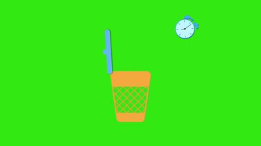 Mavi kapaklı turuncu bir çöp tenekesinin düz animasyonu ve siyah arka planda yüzen bir alarm saati. Zamanın ve yok oluşun kavramsal sembolü.