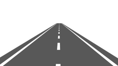 Düz animasyon otoyol manzarası, yok olan nokta perspektifi, gri asfalt bir yol üzerinde kesik beyaz bir merkez çizgisi, mesafeye kadar uzanan.