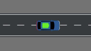 Çatıda akü ikonu olan hareketli elektrikli araba yavaş yavaş boşalıyor. Hareket halindeki modern elektrikli araç enerji tüketimi kavramı.