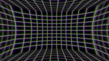Siyah zemin üzerinde mor ve yeşil çizgileri olan parlak kıvrımlı neon renkli bir oda. Retro dijital tarzda soyut üç boyutlu uzay illüzyonu.