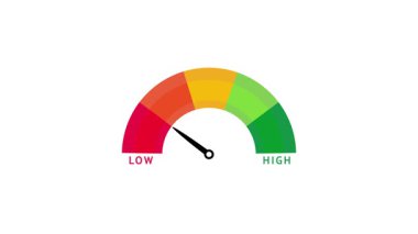 Düşük bölgeyi gösteren çok renkli yay ve siyah okla minimal arama. Düşük skor, risk veya performans ölçümünü temsil eder.