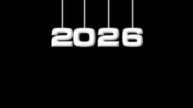 2026 yılını oluşturan beyaz parlayan sayılar, fütüristik bir geri sayımı ya da yeni bir dijital yılın başlangıcını simgeleyen siyah bir arkaplana dikey asılıyor.