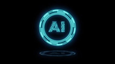Neon parlayan yapay zeka ve yeniliği temsil eden yüksek teknolojili dairesel bir arayüz içinde dijital telle oluşturulmuş yapay zeka harfleri..