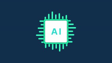 Yapay zeka etiketli animasyon mikroçip. Parlayan çizgiler koyu arkaplanda dışarıya doğru yayılıyor. Yapay zeka, makine eğitimi ve gelecekteki teknolojiyle ilgili konular için ideal..