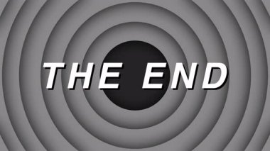 Özmerkezli halkalar ve gri tonlu kalın metinlerle klasik çizgi film tarzında animasyon The End başlığı. Video yayınları, retro düzenlemeler veya sinematik kapanışlar için ideal.