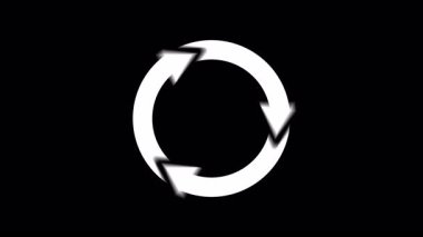 Siyah zemin üzerinde dönen bir çember oluşturan üç beyaz oktan oluşan bir animasyon. Görselleri yenilemek, tekrar etmek, geri dönüştürmek veya işlemek için ideal.