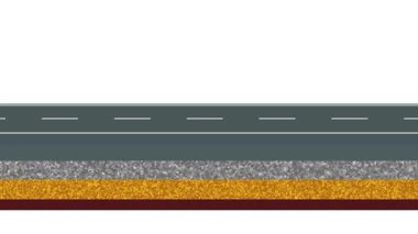 Yüzeyi, tabanı, zemini ve toprak temelini içeren asfalt asfalt katmanlarını gösteren bir yol kesitinin çizimi