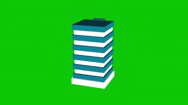 Modern bir izometrik otel binasının tasviri, kolay anahtarlama veya animasyonda kullanım için parlak yeşil bir arkaplanda gösterilen kalın dikey bir HOTEL işareti ile