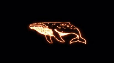 Siyah bir zemin üzerinde turuncu tonda parlayan neon balinanın stilize edilmiş çizimi, deniz yaşamını, enerjiyi ve gelecekteki estetiği simgeliyor.