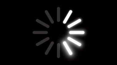 Siyah zemin üzerinde parlayan beyaz segmentlerle dönen bir yükleme çeviricisinin 3 boyutlu animasyonu. Tamponlama veya yükleme ekranları için geleceksel ve temiz tasarım.