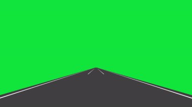 Düz beyaz şerit işaretli düz bir yol, parlak yeşil bir arka plana doğru yol alıyor..